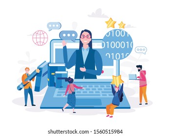 IT business lessons,  manager makes presentation on goal.Corporate coaching, training, teaching business people, business learning, online education, distance learning. Vector illustration for web ban