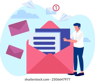 geschäftlich, Brief, Mail, Illustration, Nachricht, Nachricht, E-Mail, Umschlag, Kommunikation, flach, einzeln, Symbol, Metapher, Dokument, Frau, Person, Telefon, Information, online, Technologie,