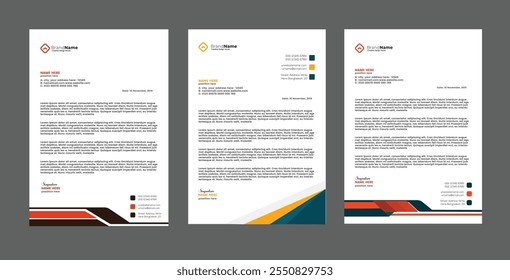Business letterhead, Letterhead template with 3 various colors, Letterhead template in flat style, Modern company letterhead template design