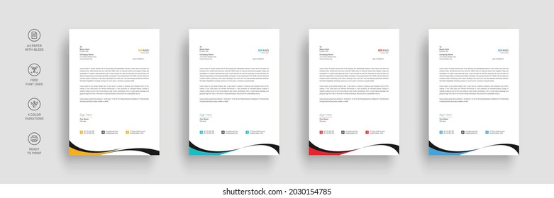Business letterhead, Letterhead template with various colors, Letterhead template in flat style, Modern company letterhead template design