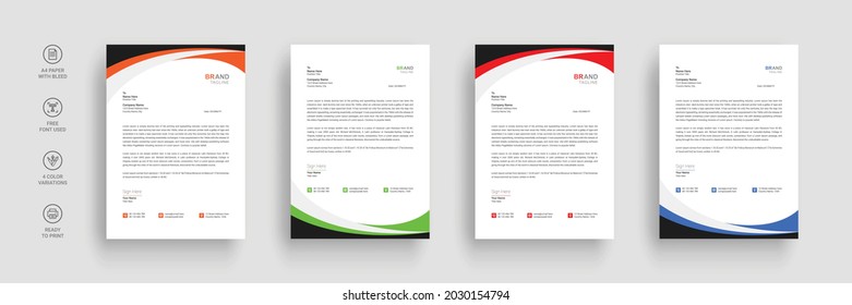 Business letterhead, Letterhead template with various colors, Letterhead template in flat style, Modern company letterhead template design