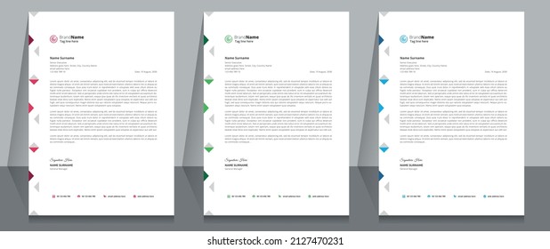 Business letterhead, Letterhead template with various colors, Letterhead template in flat style, Modern company letterhead template design.