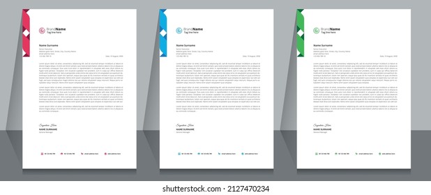 Business letterhead, Letterhead template with various colors, Letterhead template in flat style, Modern company letterhead template design.