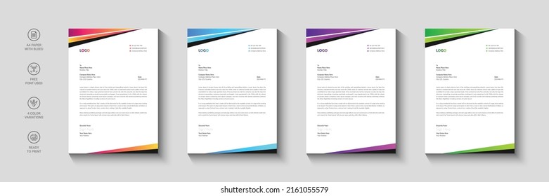 Business letterhead, Letterhead template with various colors, Letterhead template in flat style, Modern company letterhead template design