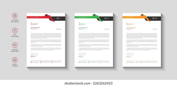 Business letterhead, Letterhead template with various colors, Letterhead template in flat style