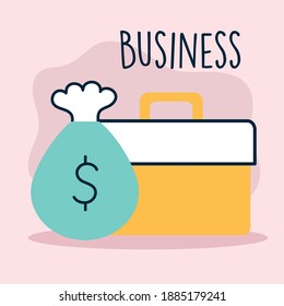 business lettering, briefcase and moneybag vector illustration design