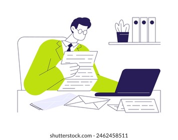 In: Business Letters Abstract Concept Vektorillustration. Geschäftsmann liest Briefe von Partnern, juristische Unternehmensdokumentation, Unternehmenspapiere und Korrespondenz abstrakte Metapher.