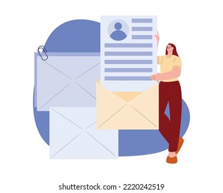 Concepto de vector de letras de negocio. Estudiante con CV en sobre. Joven trabajador de RR. HH. retiene la reanudación del empleado. Información digital, envío o recepción de correo electrónico