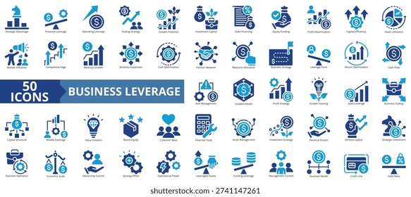 business leverage icon set flat style illustration. containing competitive edge, economic scale, synergy effect, strategic advantage, growth potential, equity funding, profit maximization