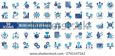 business leverage icon set flat style illustration. containing competitive edge, economic scale, synergy effect, strategic advantage, growth potential, equity funding, profit maximization