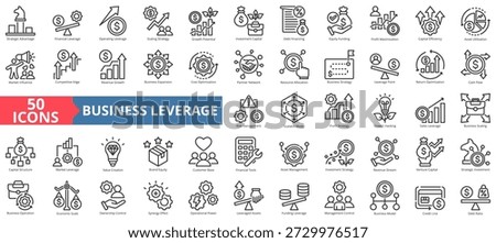 business leverage icon set outline style illustration. containing competitive edge, economic scale, synergy effect, strategic advantage, growth potential, equity funding, profit maximization