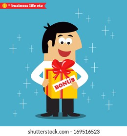 Business life. Adult employee got his annual salary bonus prize in gift present box vector illustration