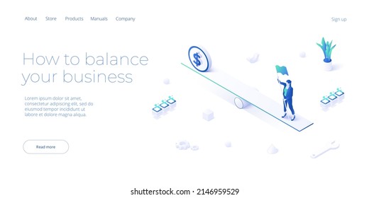 Business and life balance in isometric vector design concept. Powerful businesswoman striving and achieving corporate goal. Motivation web banner layout