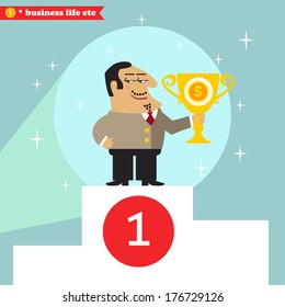 Business life. Big boss got prize award for his achievement vector illustration