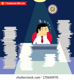 Business life. Businessman sleeping at the desk swamped with paper and documents vector illustration