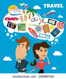 Business life cheerful woman and man with speech bubble travel dreams scene vector illustration