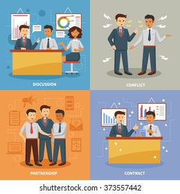 Business life design concept set with flat discussion office conflict and partnership flat icons isolated vector illustration