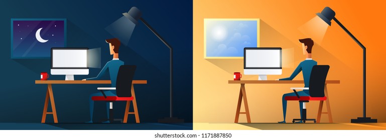 Business Life Or Designer Workaholic Worker In Office Day And Night Scene Vector Illustration