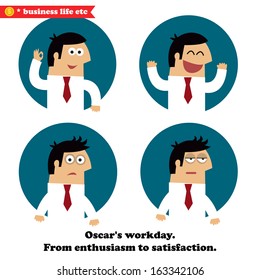 Business life and emotions set of enthusiasm, joy, frustration and fatigue vector illustration