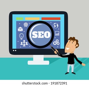 Business life employee with magnifier and big monitor SEO concept vector illustration