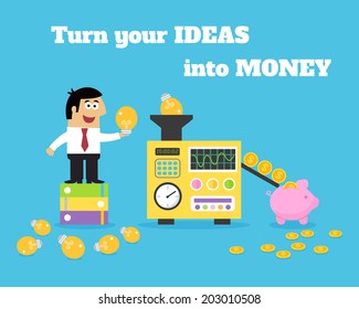 Business life employee put light bulbs in ideas money converter vector illustration