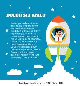 Business life employee in rocket success and growth concept vector illustration
