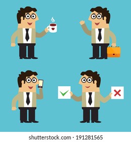 Business life employee in suit with coffee mobile phone emotional gestures and poses set isolated vector illustration
