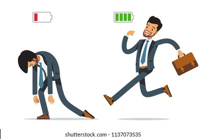 Business and life energy. Businessman with low battery red color and Businessman with high full level energy battery green. Vector illustration of a flat design.