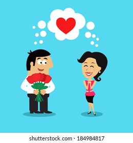 Business life man employee giving girl flowers heart love scene concept vector illustration