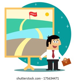 Business life. Metaphor of long journey to achieve goal with personnel staff vector illustration
