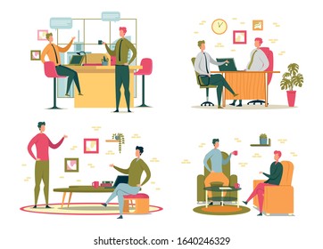 Business Life at Office. Colleagues Communicate and Talking with Cup. Discussion and Interviewing Businessman or Boss with Worker. Friends in Lounge Area Relax and Holds Drink Sits on Armchair