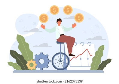 Business or life risk concept. Challenge, danger or difficulty to overcome. Fearless character trying to find a balance. ropewalker equilibrium walk on high tight rope.