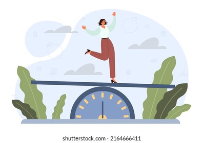 Business or life risk concept. Challenge, danger or difficulty to overcome. Fearless character trying to find a balance. ropewalker equilibrium walk on high tight rope.