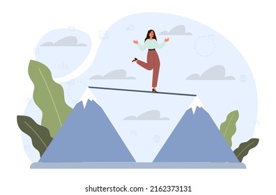 Business or life risk concept set. Challenge, danger or difficulty to overcome. Fearless character trying to find a balance. Ropewalker walk on high tight rope. Flat vector illustration