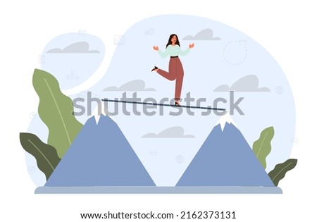 Business or life risk concept set. Challenge, danger or difficulty to overcome. Fearless character trying to find a balance. Ropewalker walk on high tight rope. Flat vector illustration