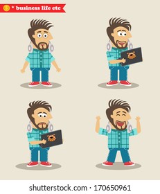 Business life. Seasoned IT guy emotions in poses, standing set vector illustration
