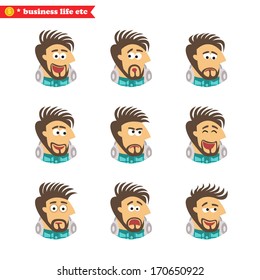 Business life. Software engineer facial emotions, isolated icons set vector illustration