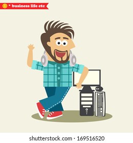 Business life. Software engineer wearing headphones and his computer with display vector illustration