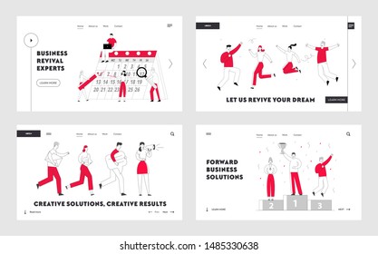 Business Life Website Landing Page Set. Businesspeople Team at Calendar Make Schedule, Happy Friends Celebrating, Business People on Winners Pedestal Web Page Banner. Cartoon Flat Vector Illustration