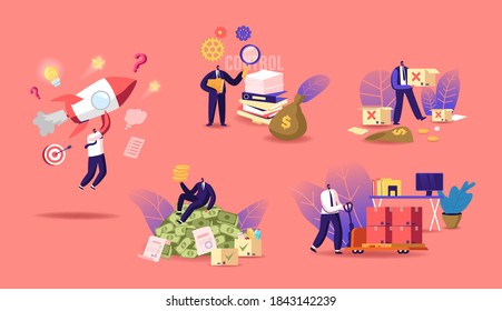 Concepto del ciclo de vida del negocio. Personaje Empresarial Lograr el Éxito desde el Lanzamiento del Proyecto Startup, Desarrollo, Superación de Crisis, Trabajo Duro y Riqueza, Ciclo de Vida. Ilustración de vectores de personas de caricatura