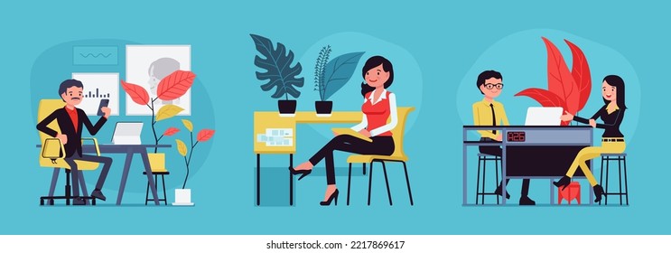 Business And Lifestyle Scene Cartoon Set. Businessman Working At Desk, Office Interior, Woman, Office Assistant Sitting, Bank Teller Customer Service. Vector Creative Vibrant Botanical Illustration