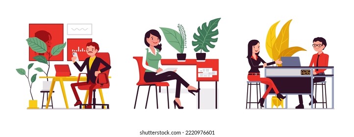 Business And Lifestyle Scene Cartoon Set. Businessman Working At Desk, Office Interior, Woman, Office Assistant Sitting, Bank Teller Customer Service. Vector Creative Vibrant Botanical Illustration