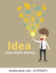 Business with light bulbs idea make money of currency,coin,business young cartoon happiness of success concept is man character.view emotions moving of man-woman person. Illustration Vector