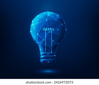 idea de la bombilla de luz de negocios pensando en la tecnología digital sobre fondo azul. conocimiento de innovación creativa estructura de alambre de bajo poli. ilustración vectorial fantástico diseño de alta tecnología.