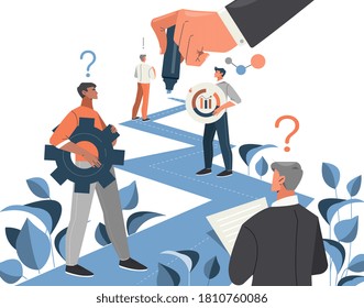 Business line or development process created by Entrepreneur with a businessman with question mark and workers with gears and charts, colored vector illustration