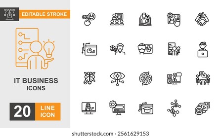 IT business line editable icon set. Network, cybersecurity, data, cloud, digital and more line icons.