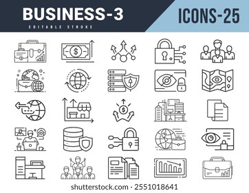 Business Line Ícones editáveis grande conjunto. Ilustração vetorial em estilo de linha fina moderna de ícones de negócios: portfólio de negócios, dólar de lucro, negócios mundiais, golpe editável.