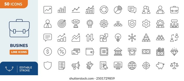 Conjunto de iconos editables de línea de negocio. Ilustración vectorial en estilo de línea delgada moderna de iconos relacionados con negocios: económico, gráfico, gestión, documento, negocios, análisis, herramientas y más	
