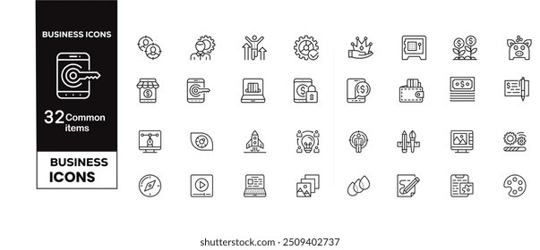 Conjunto de iconos editables de línea de negocio. Ilustración vectorial en el estilo moderno de líneas finas de íconos relacionados con finanzas y administración: planificación, asociación, análisis y más. Pictogramas e infografías