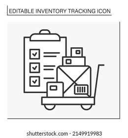  Business line icon. Cargo checking. Barcode scanning. Inventory tracking concept. Isolated vector illustration. Editable stroke